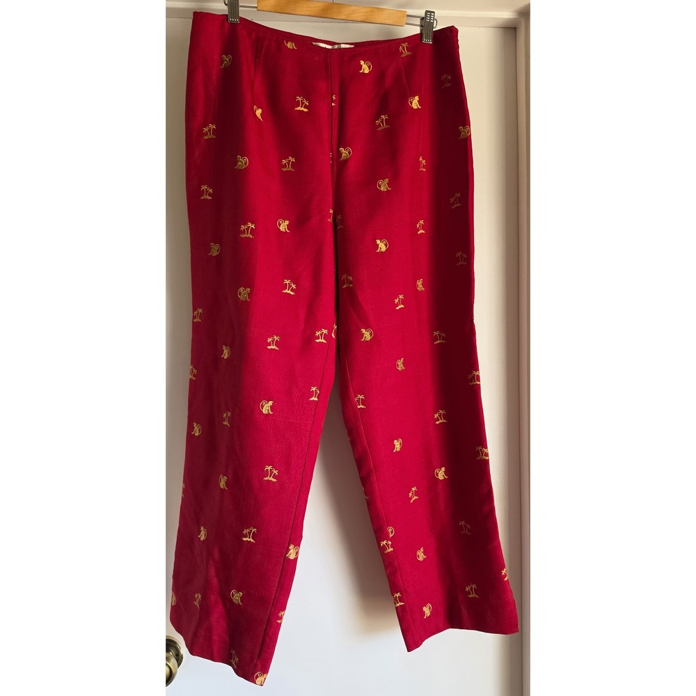 NWT Peter Martin Silk Pants Size 14 Red Monkey Palm Print Casual Vintage